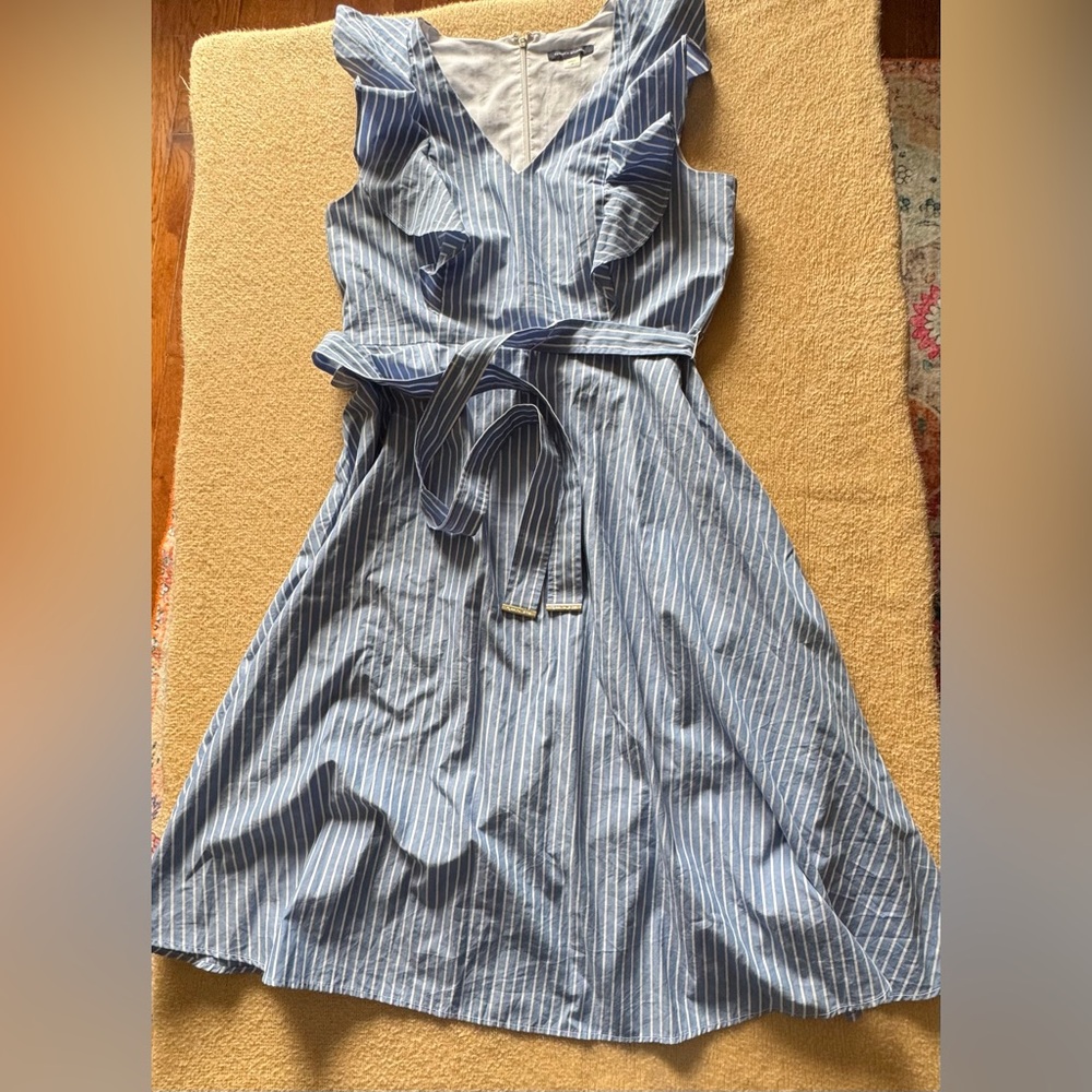 Tommy Hilfiger Blue and White Striped Ruffle Belt Dress